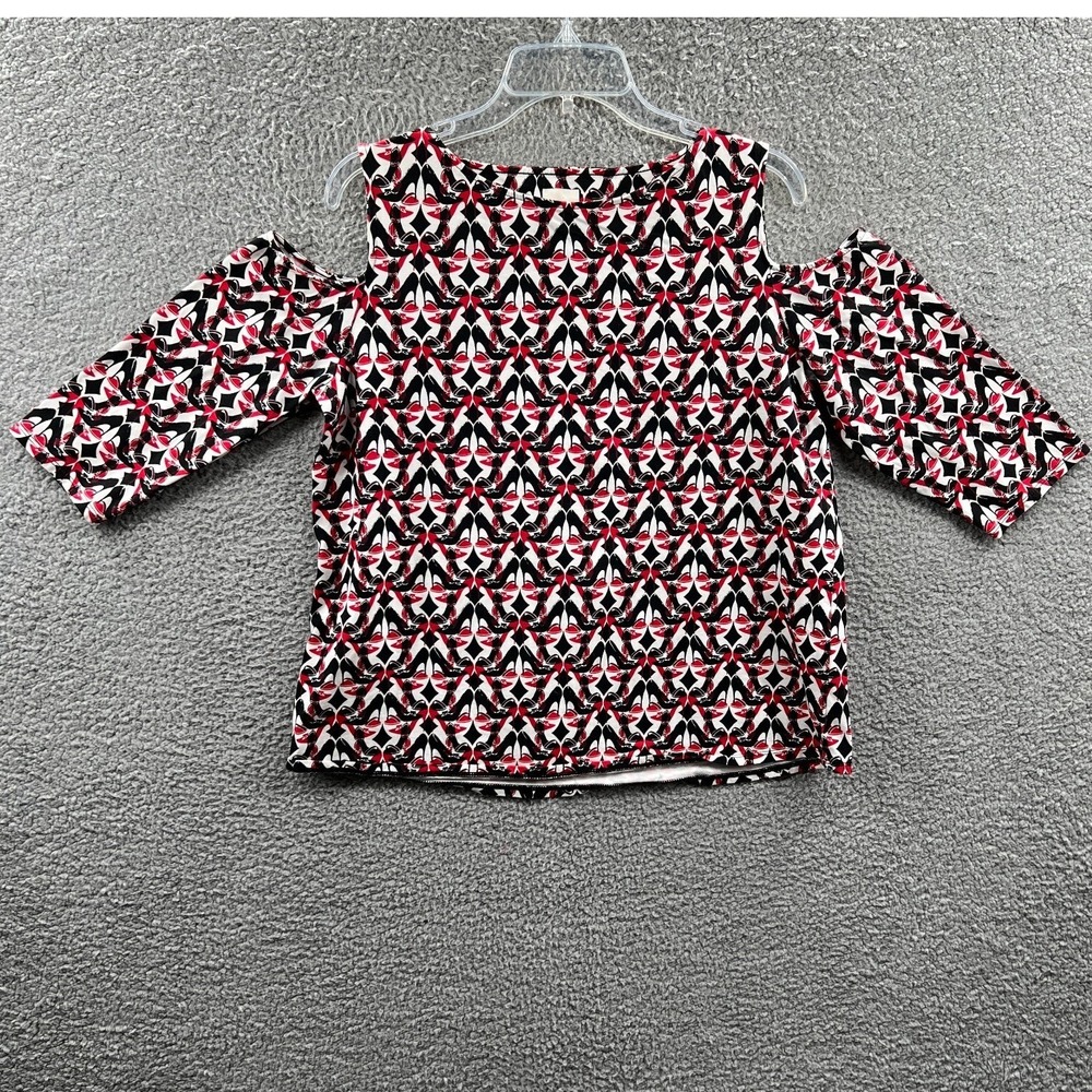 Women Geometric Abstract Cold Shoulder Top L Modern Casual Everyday Stretch Knit